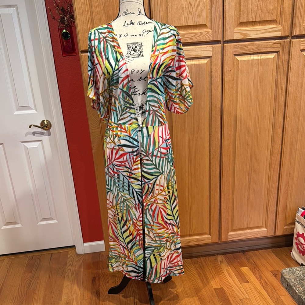 Kenneth Cole Multicolor Leaf Print Kimono / Swim Cover-up
